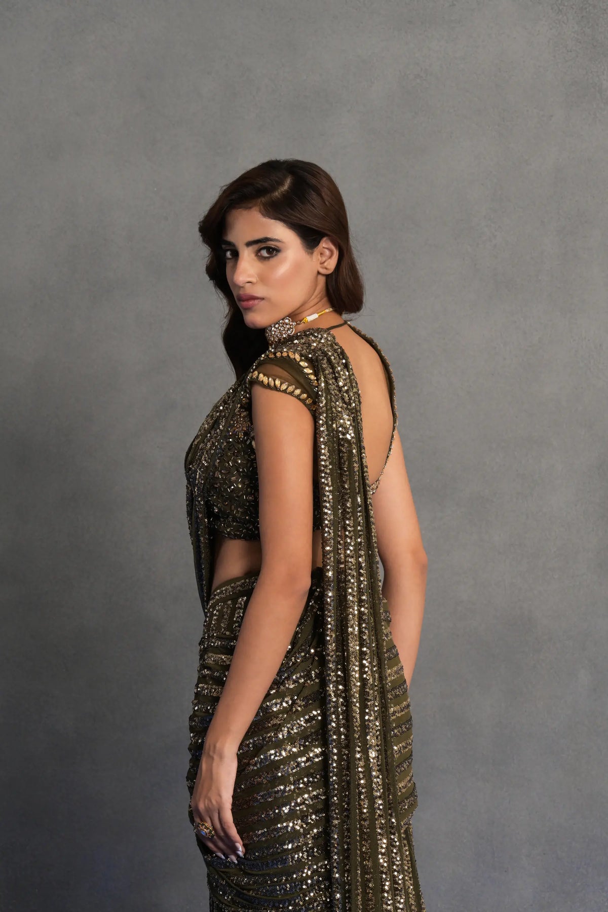 Antique Gold Sequinned Draped Saree Set