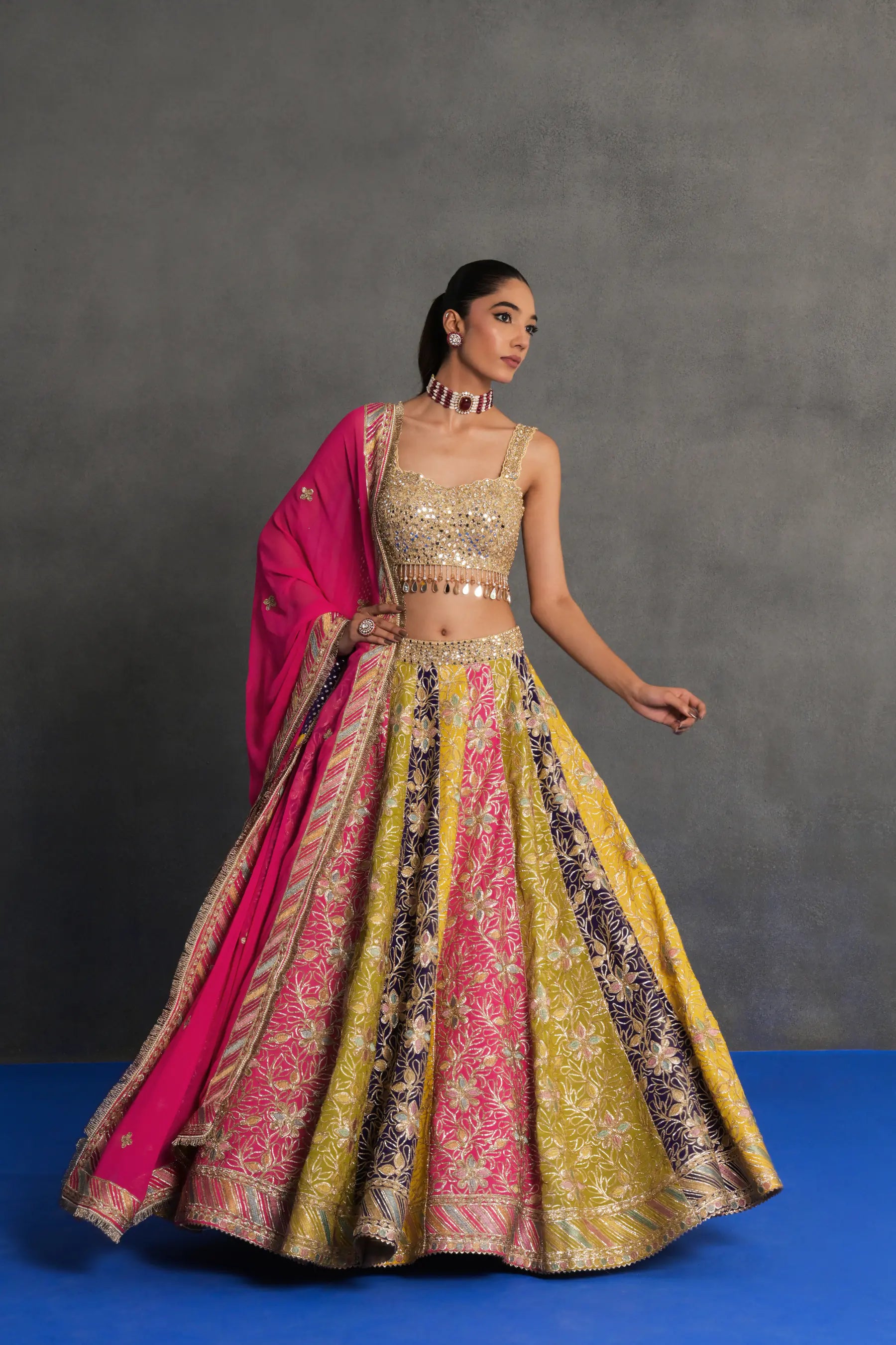 Multicolour Panelled Lehenga Set