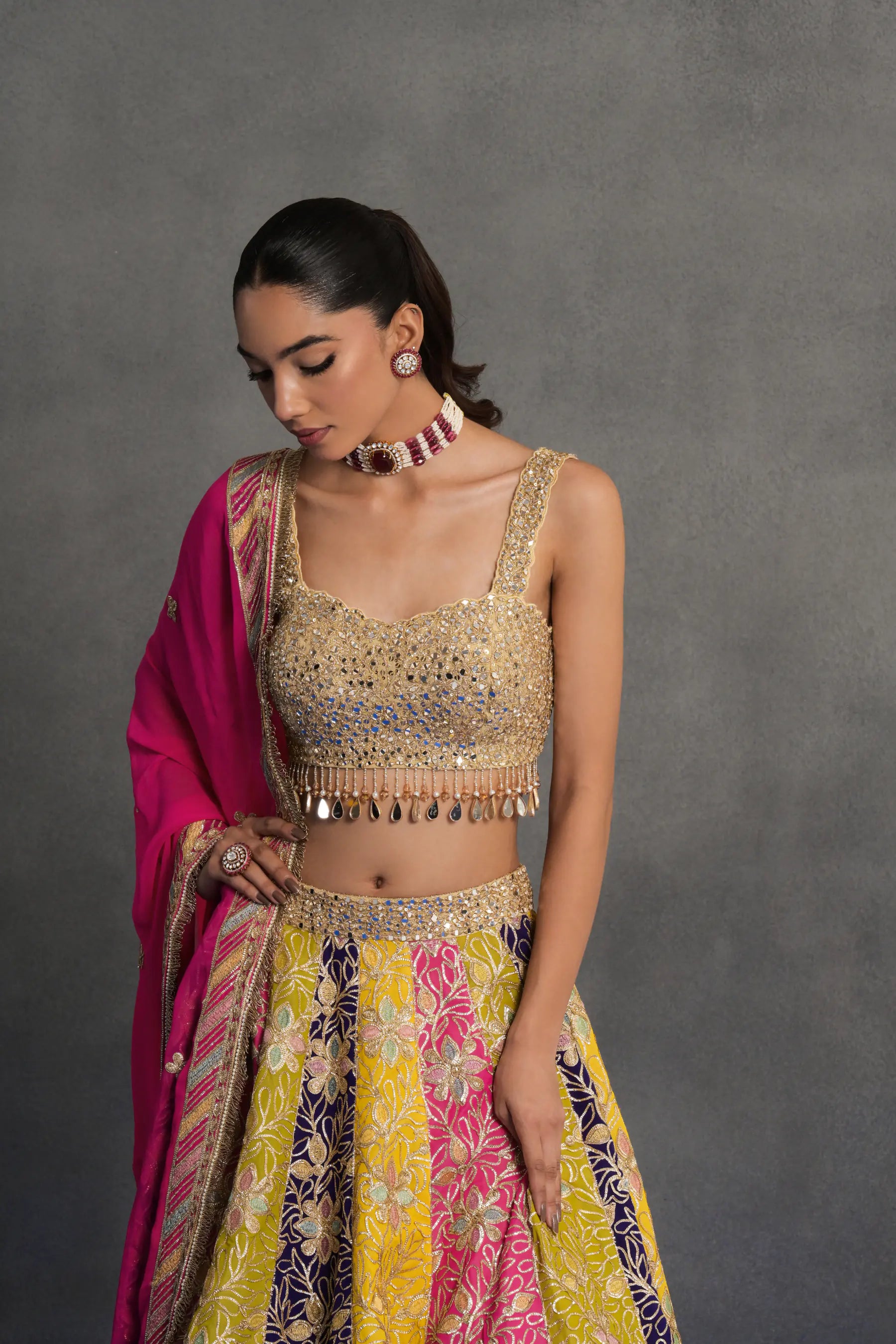 Multicolour Panelled Lehenga Set