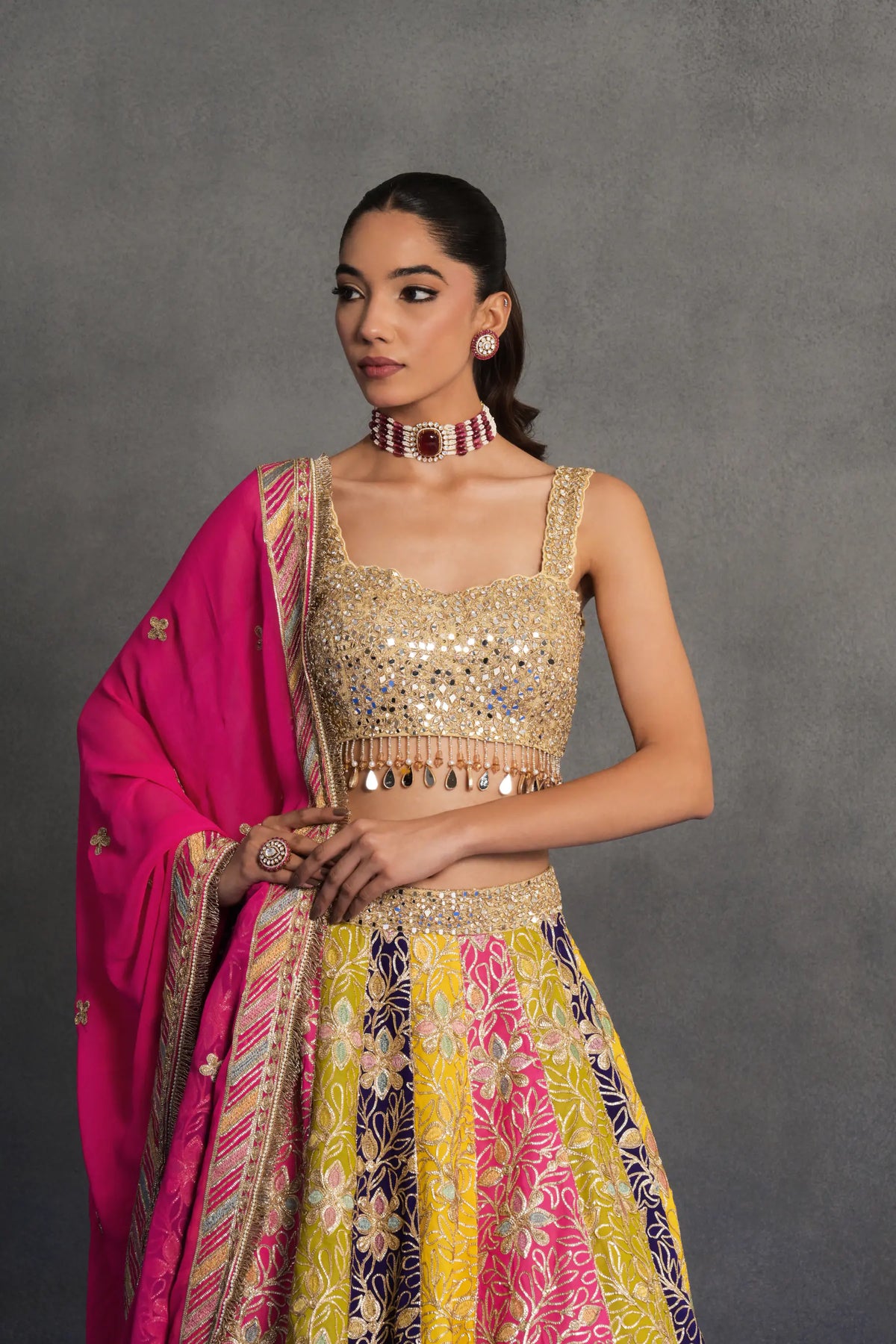 Multicolour Panelled Lehenga Set