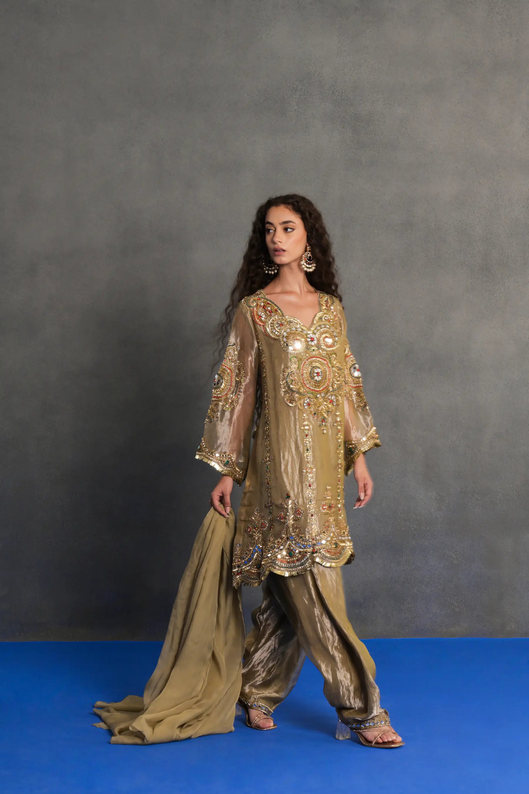 Antique Gold Mirror-work Patiala Suit