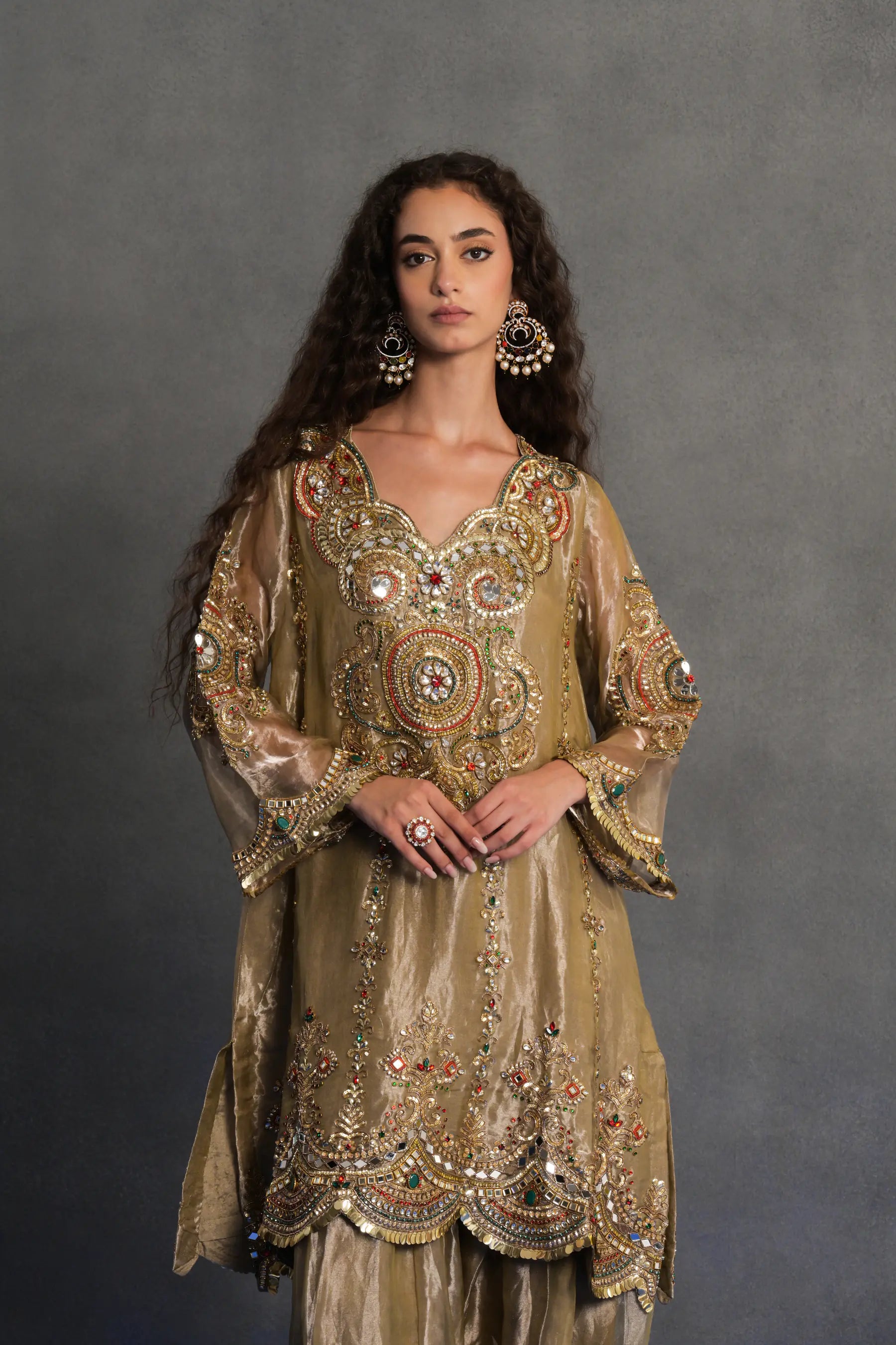 Antique Gold Mirror-work Patiala Suit