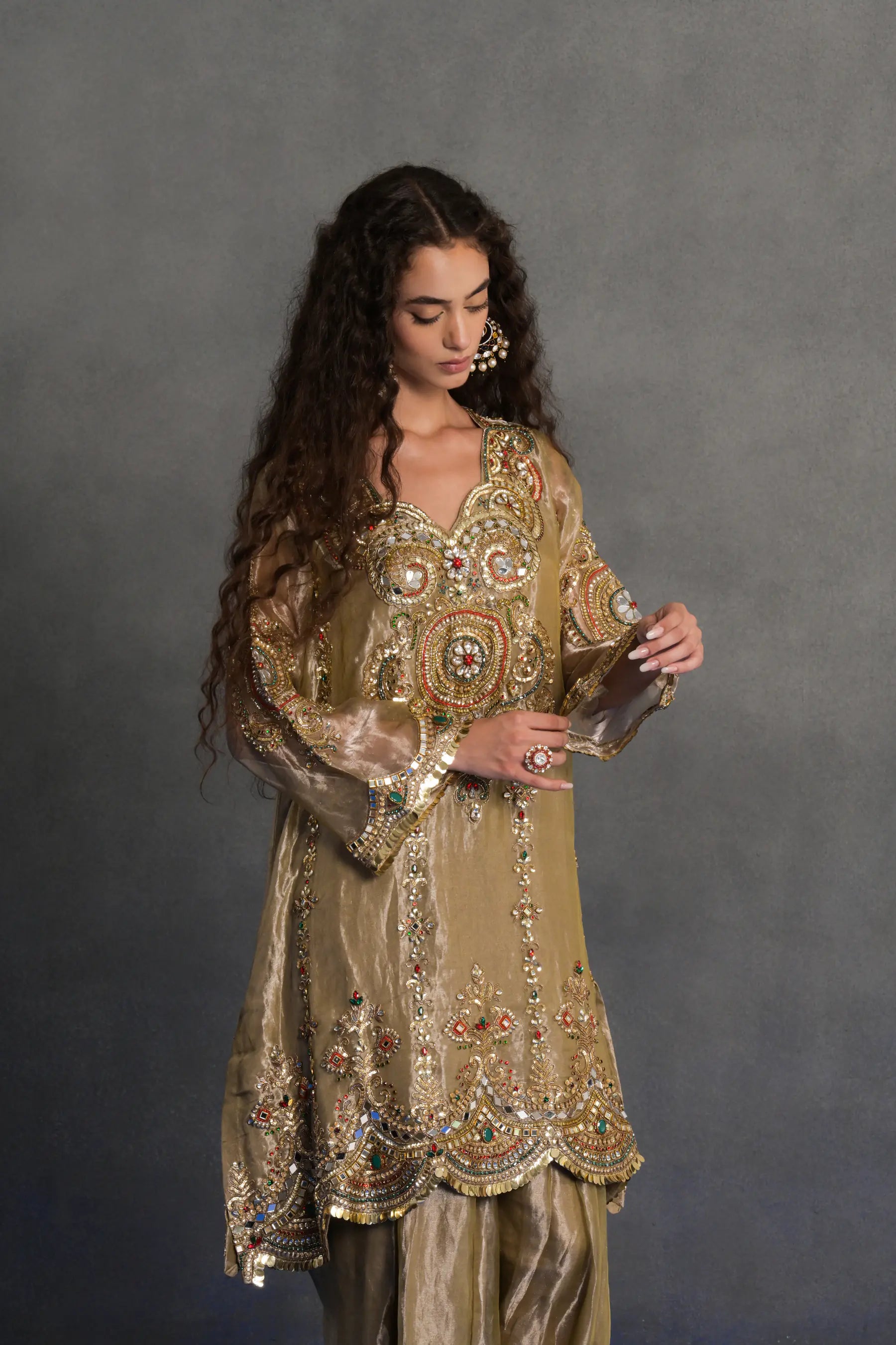 Antique Gold Mirror-work Patiala Suit