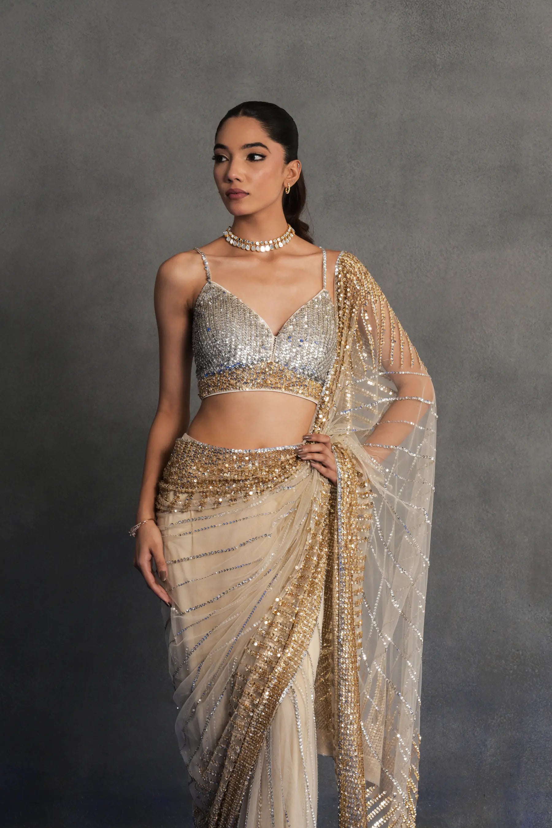 Ivory and Gold Embellished Saree Set