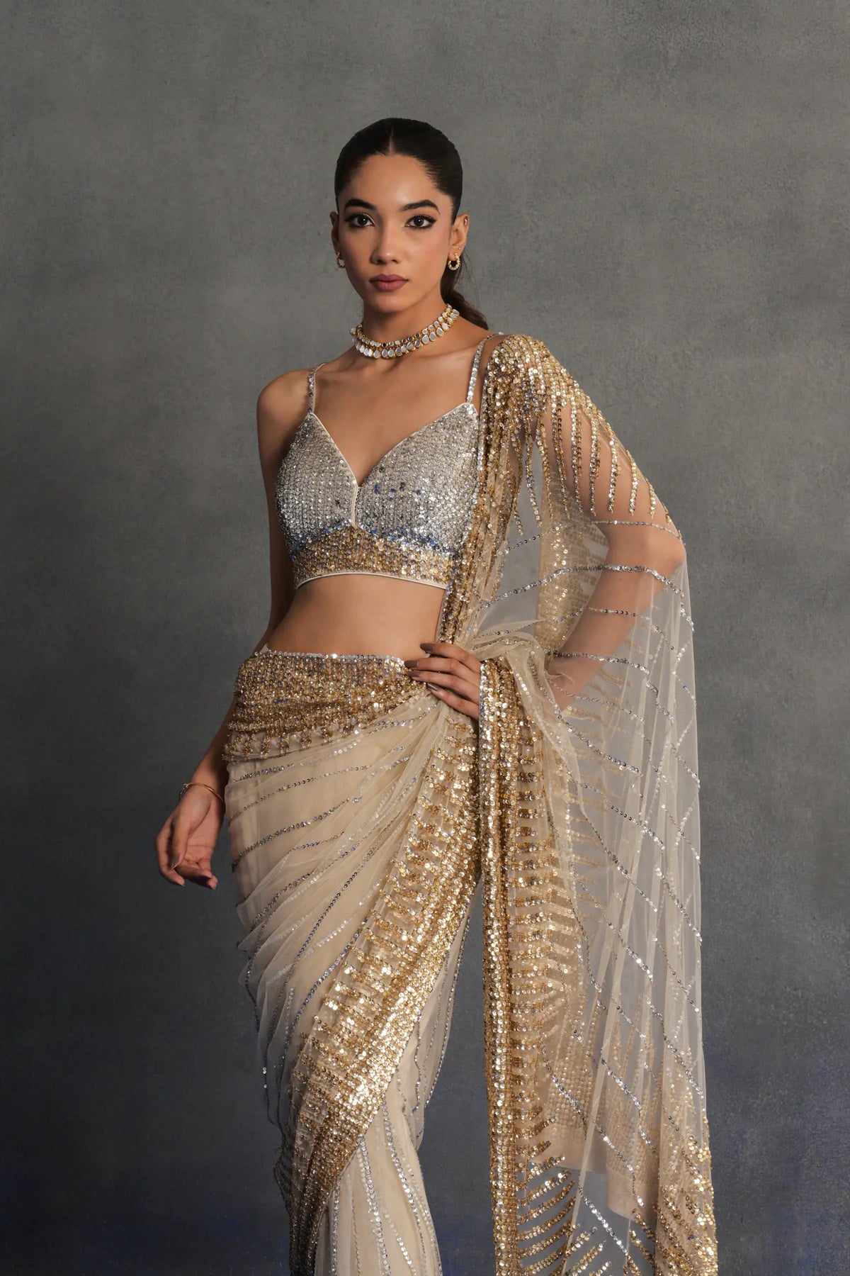 Ivory and Gold Embellished Saree Set