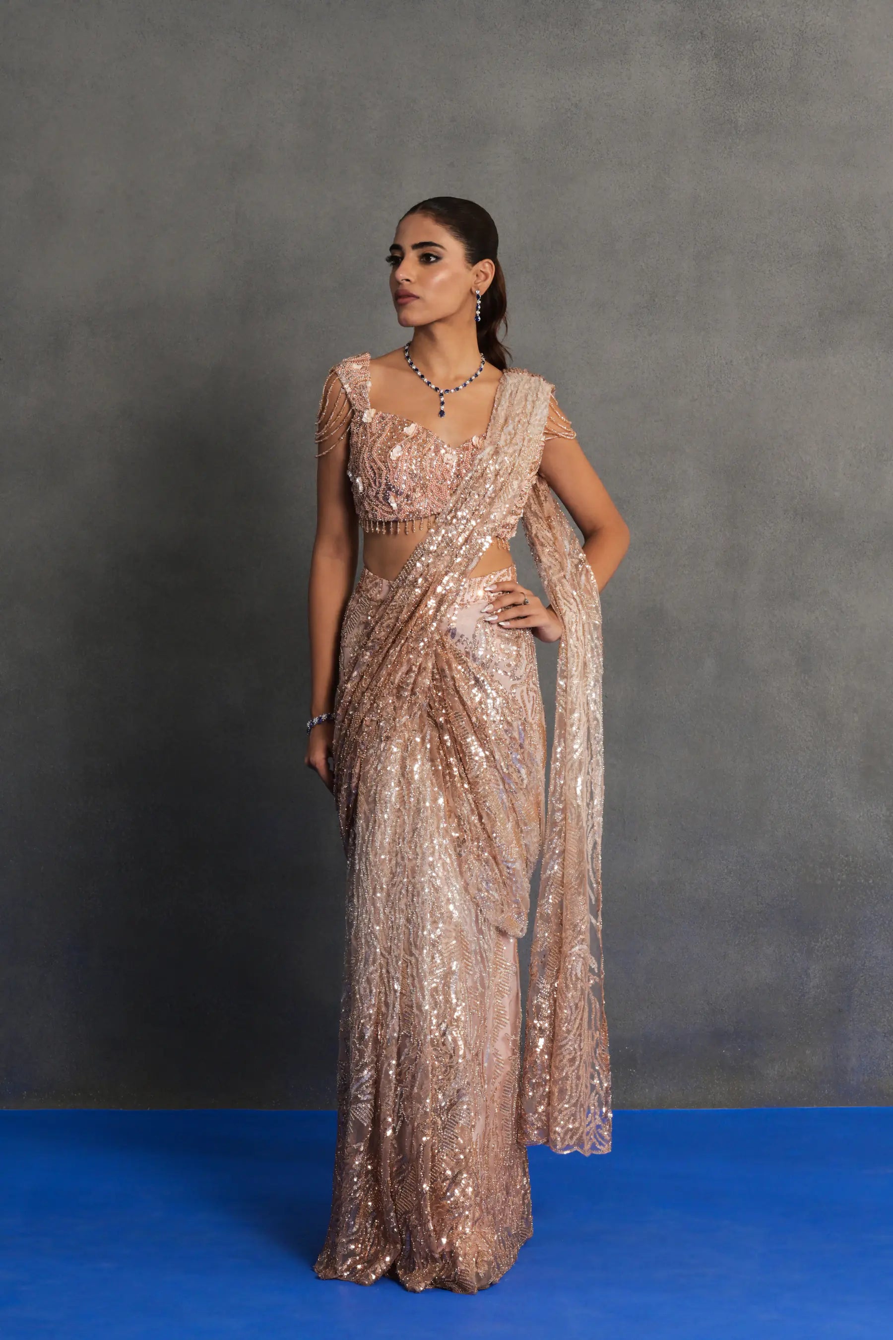 Rose Gold Sequinned Draped Saree Set