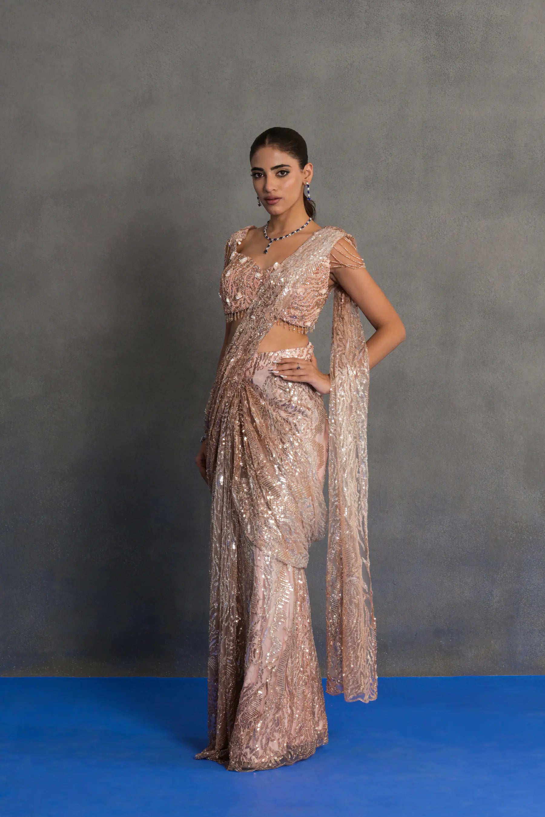 Rose Gold Sequinned Draped Saree Set