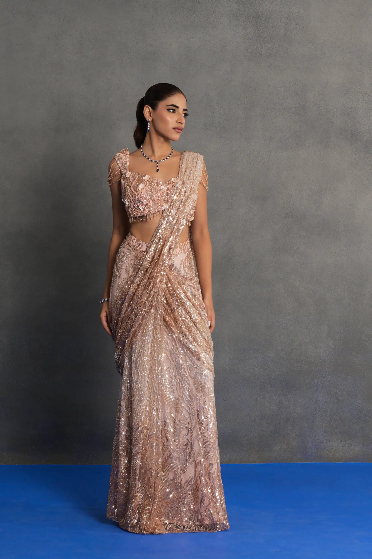 Rose Gold Sequinned Draped Saree Set
