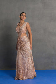 Rose Gold Sequinned Draped Saree Set