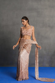 Rose Gold Sequinned Draped Saree Set
