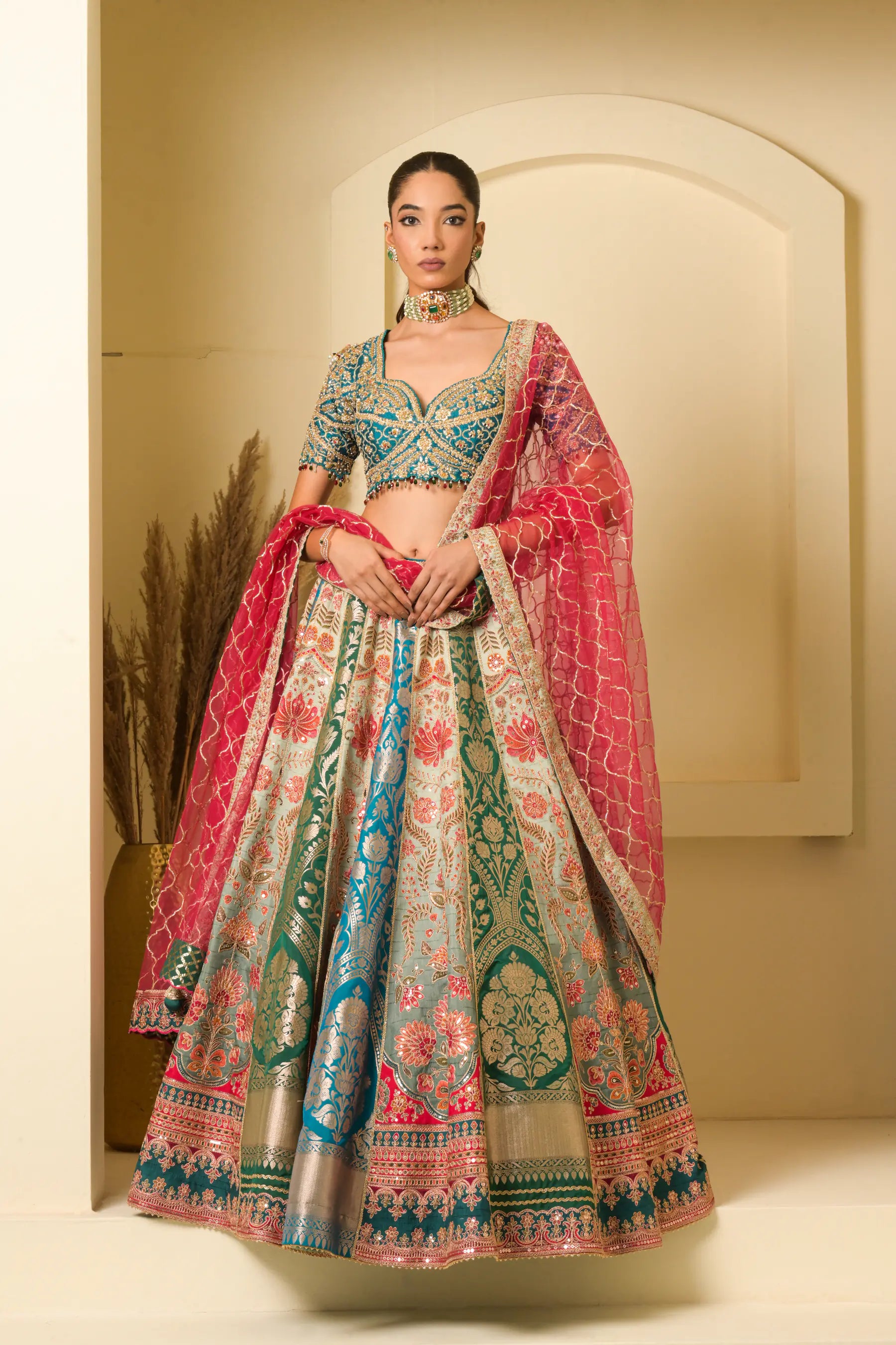 Aabha Multicolour Banarasi Panelled Lehenga Set