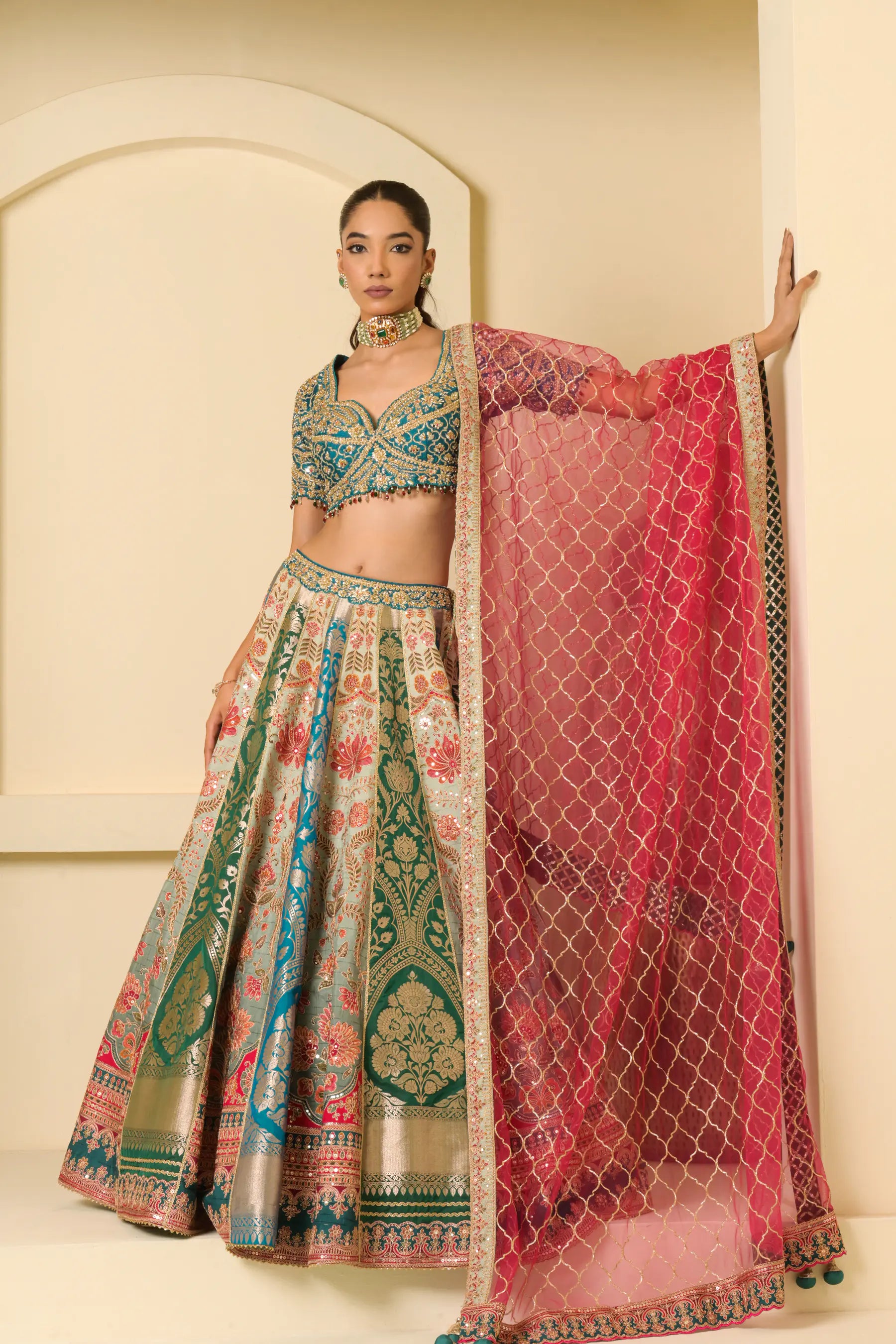 Aabha Multicolour Banarasi Panelled Lehenga Set