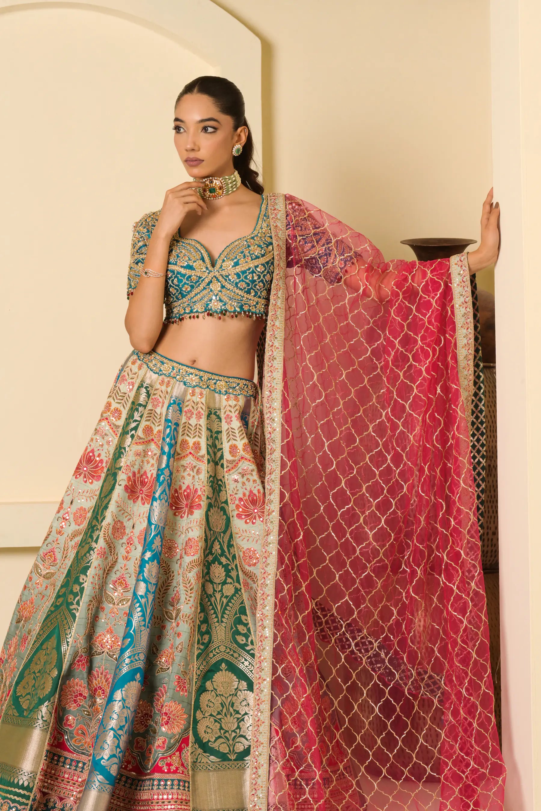 Aabha Multicolour Banarasi Panelled Lehenga Set