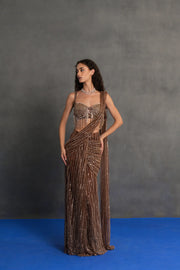 Bronze Sequinned Draped Saree Set
