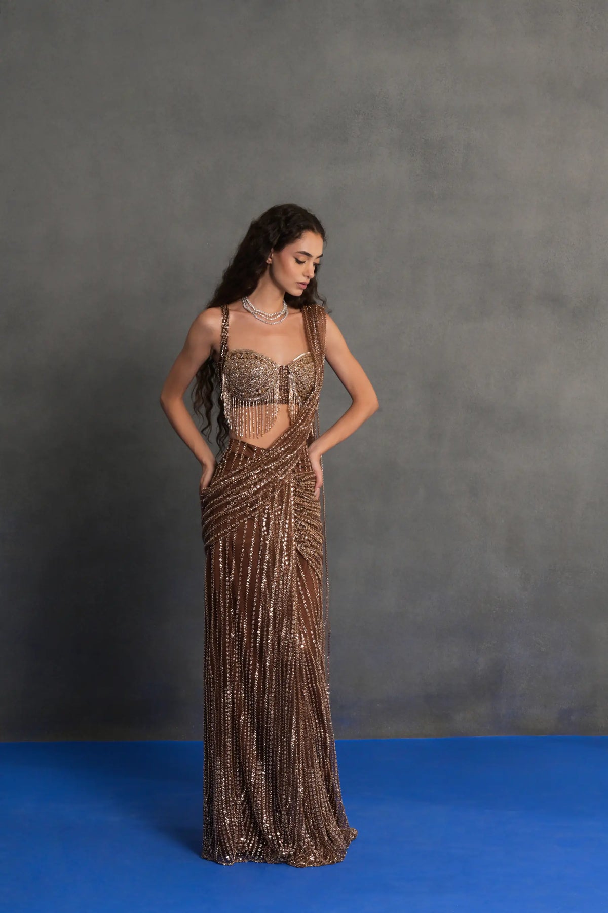 Bronze Sequinned Draped Saree Set