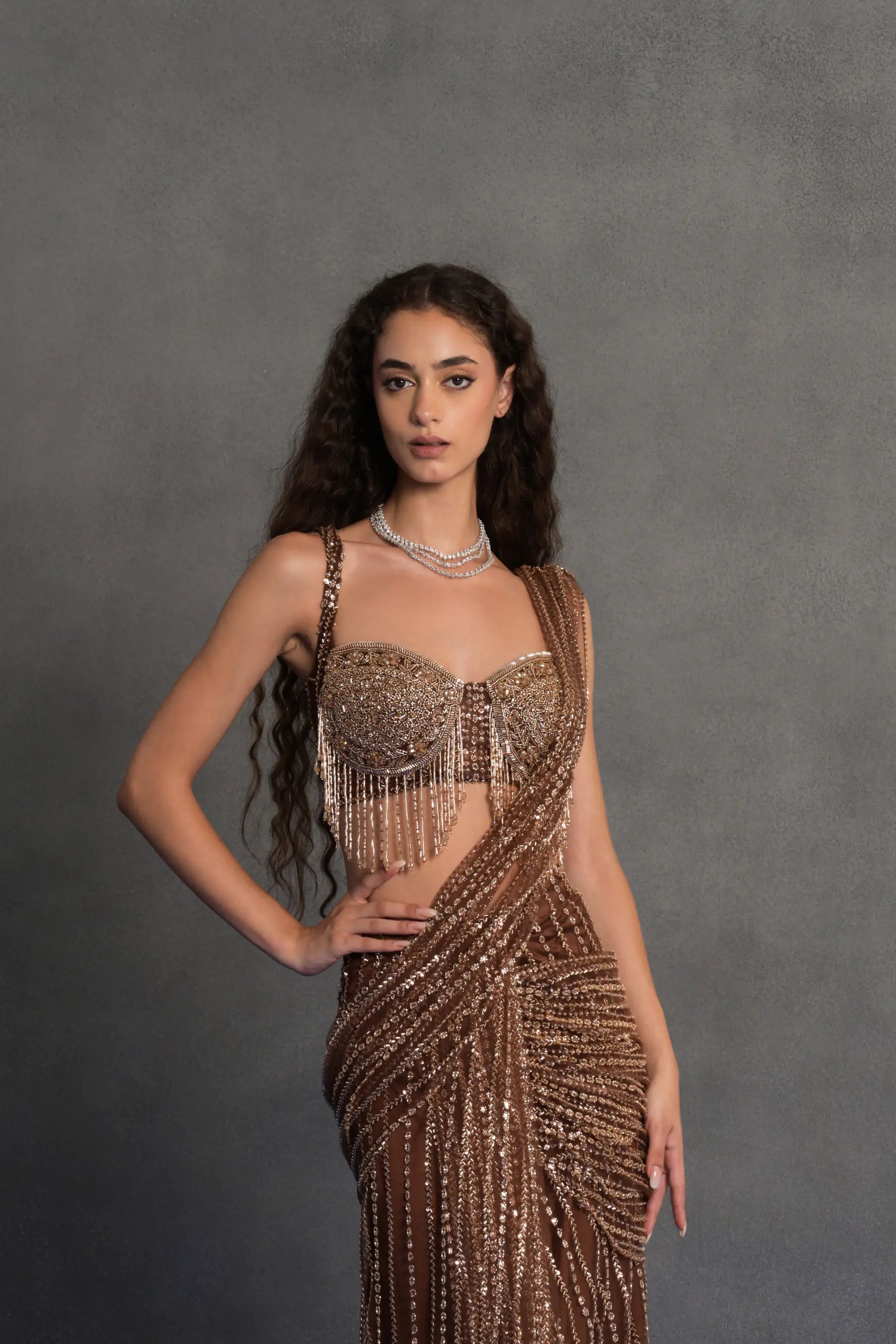 Bronze Sequinned Draped Saree Set
