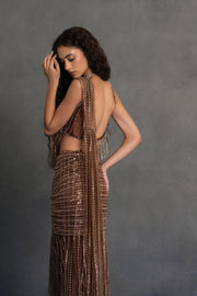 Bronze Sequinned Draped Saree Set