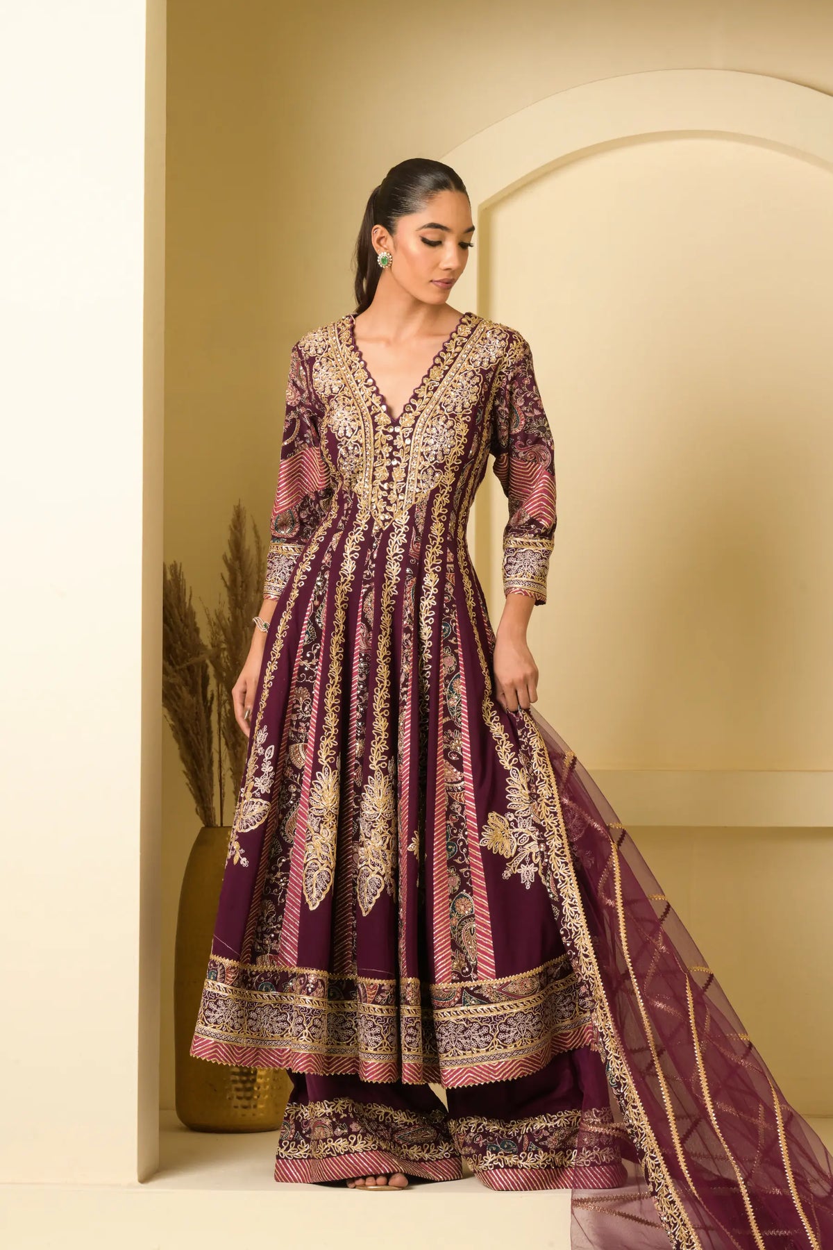 Deep Plum Embroidered Anarkali Suit