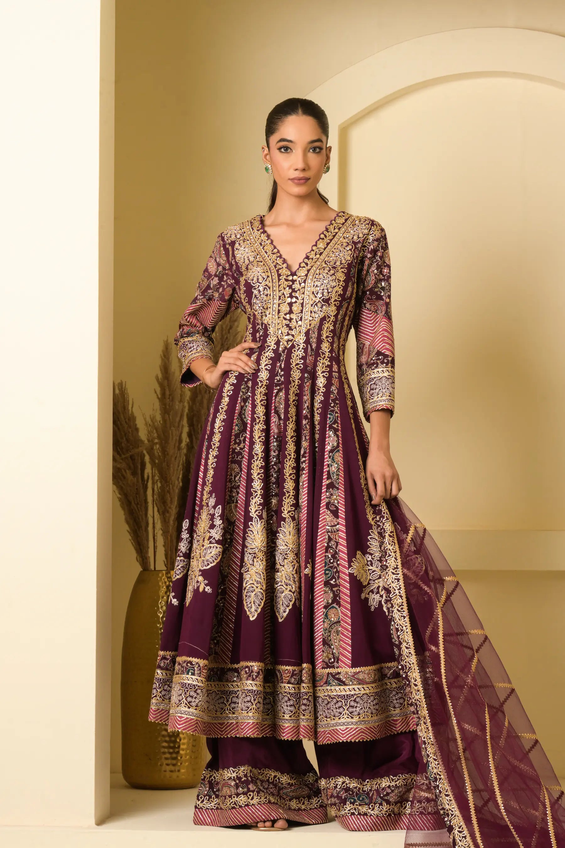 Deep Plum Embroidered Anarkali Suit