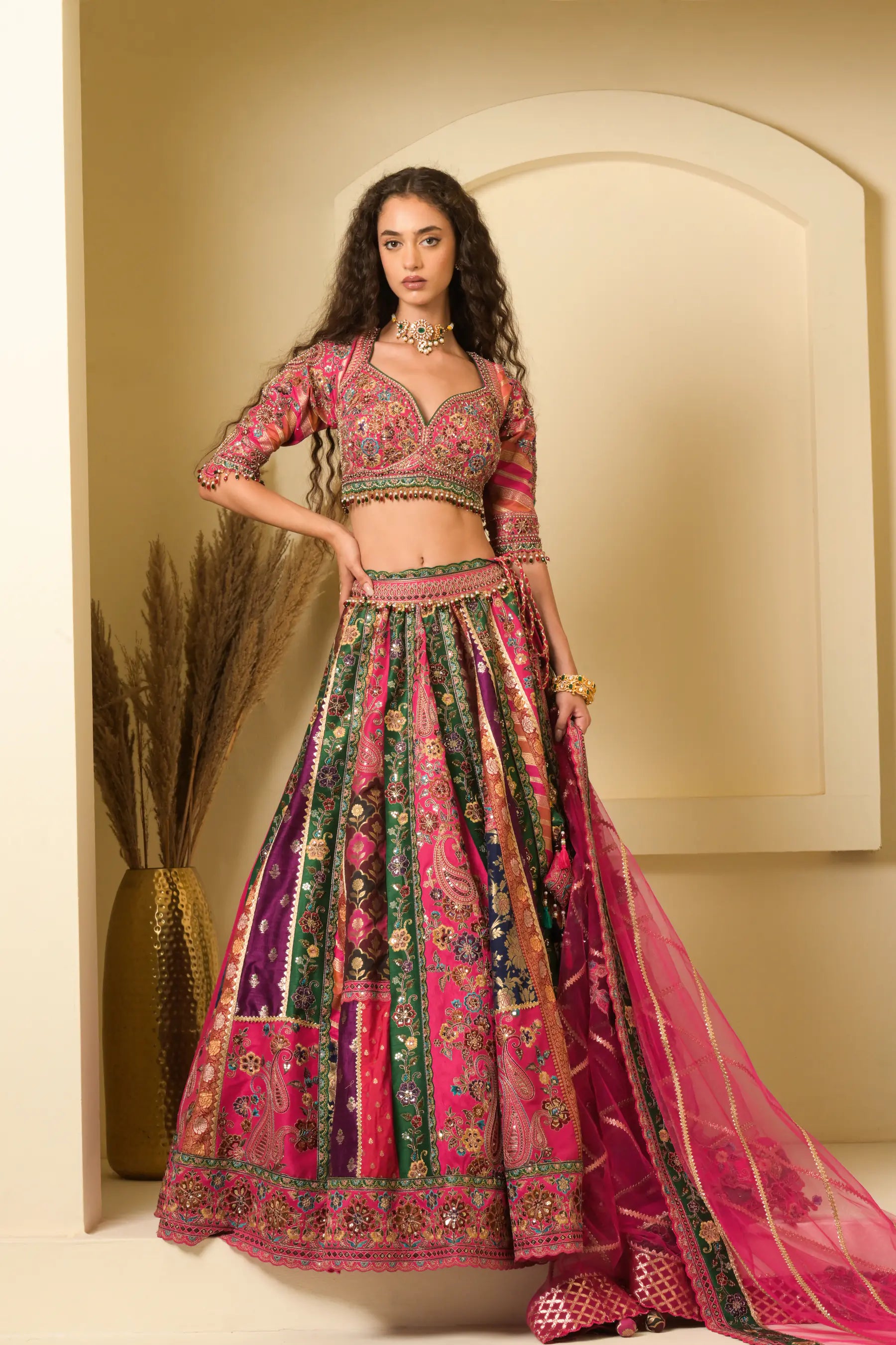 Multicolour Panelled Bridal Lehenga Set