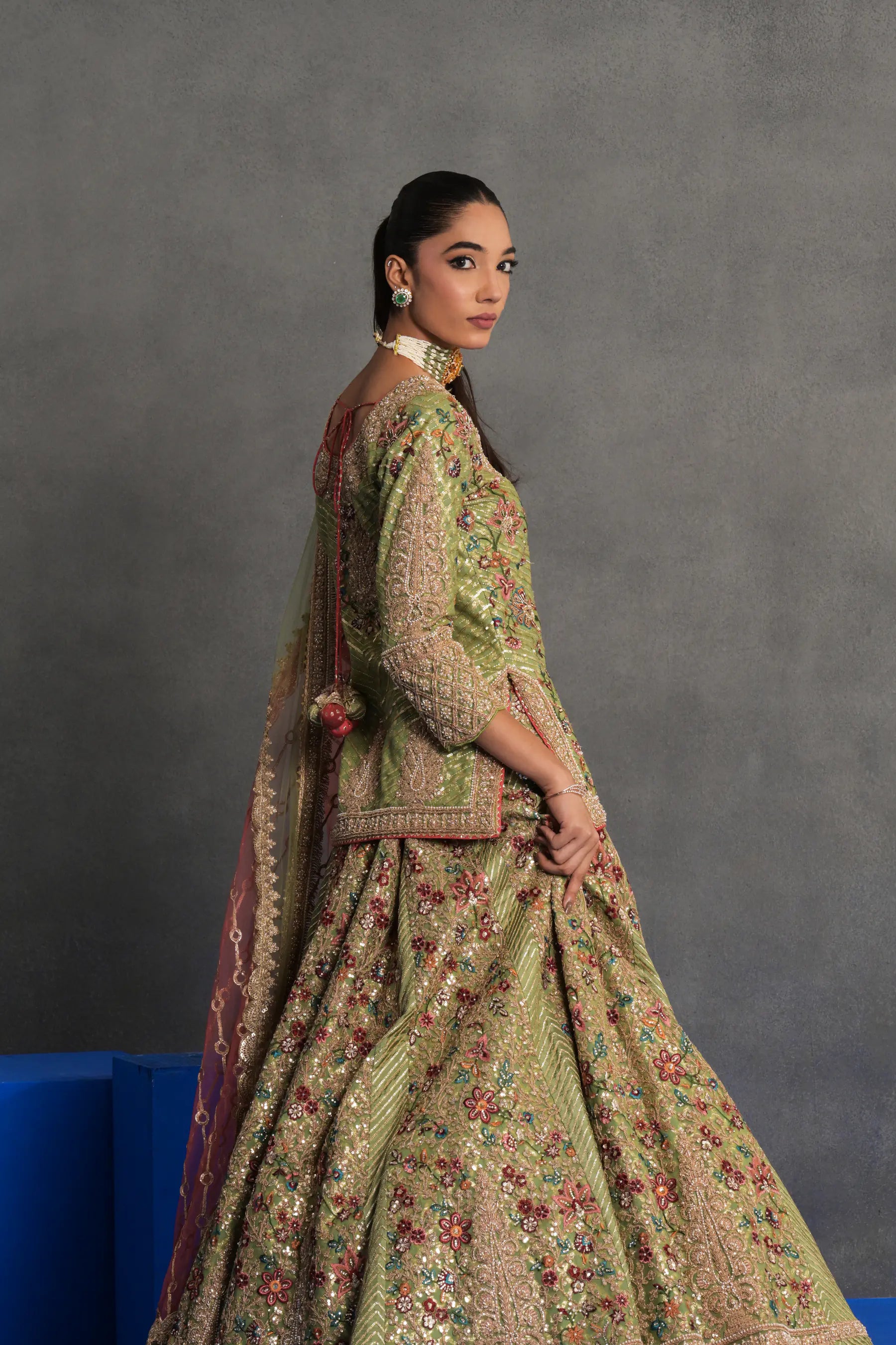 Pistachio Green Heavily Embroidered Lehenga Set