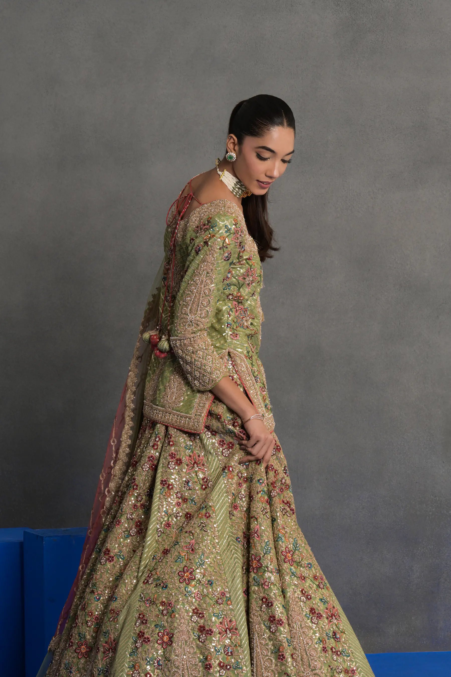 Pistachio Green Heavily Embroidered Lehenga Set
