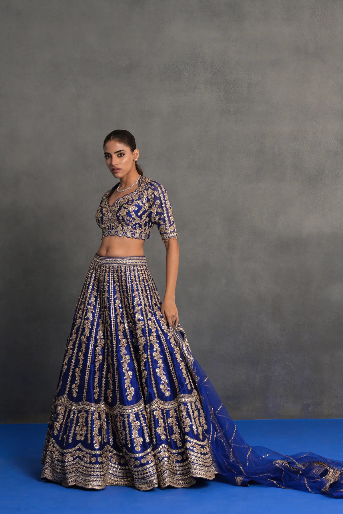 Royal Blue and Gold Embroidered Lehenga Set