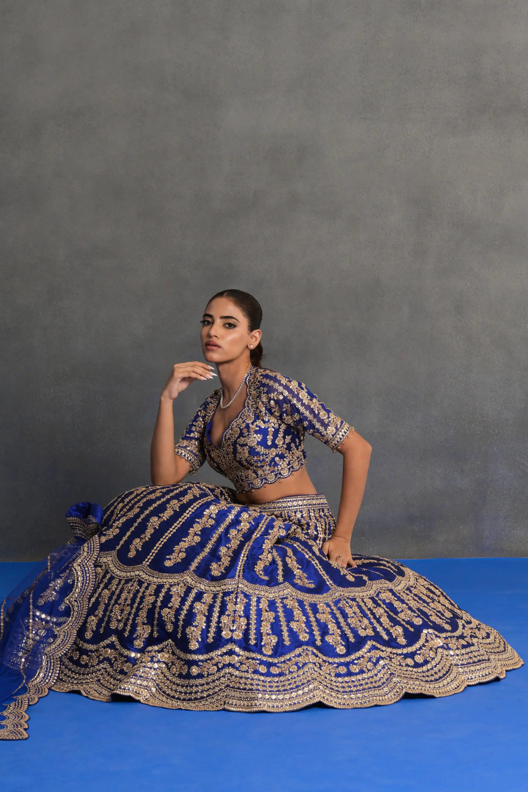 Royal Blue and Gold Embroidered Lehenga Set