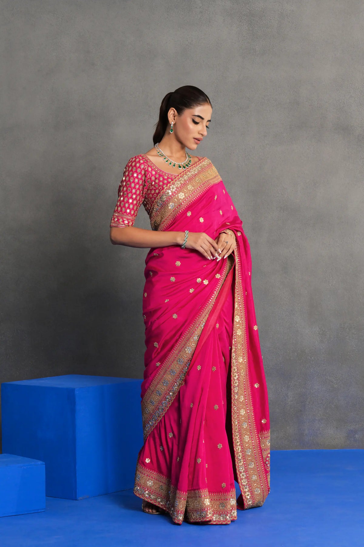 Fuchsia Pink Embroidered Saree