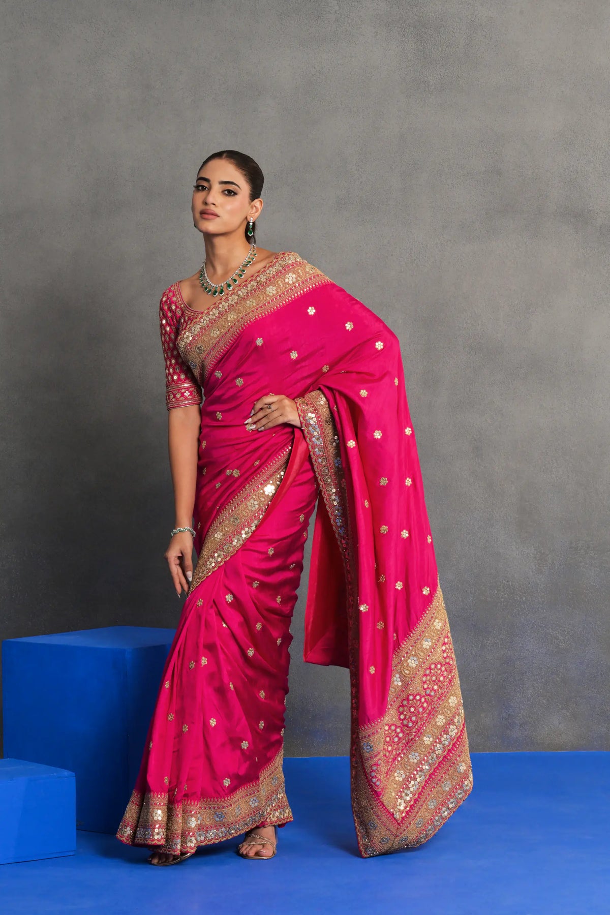 Fuchsia Pink Embroidered Saree