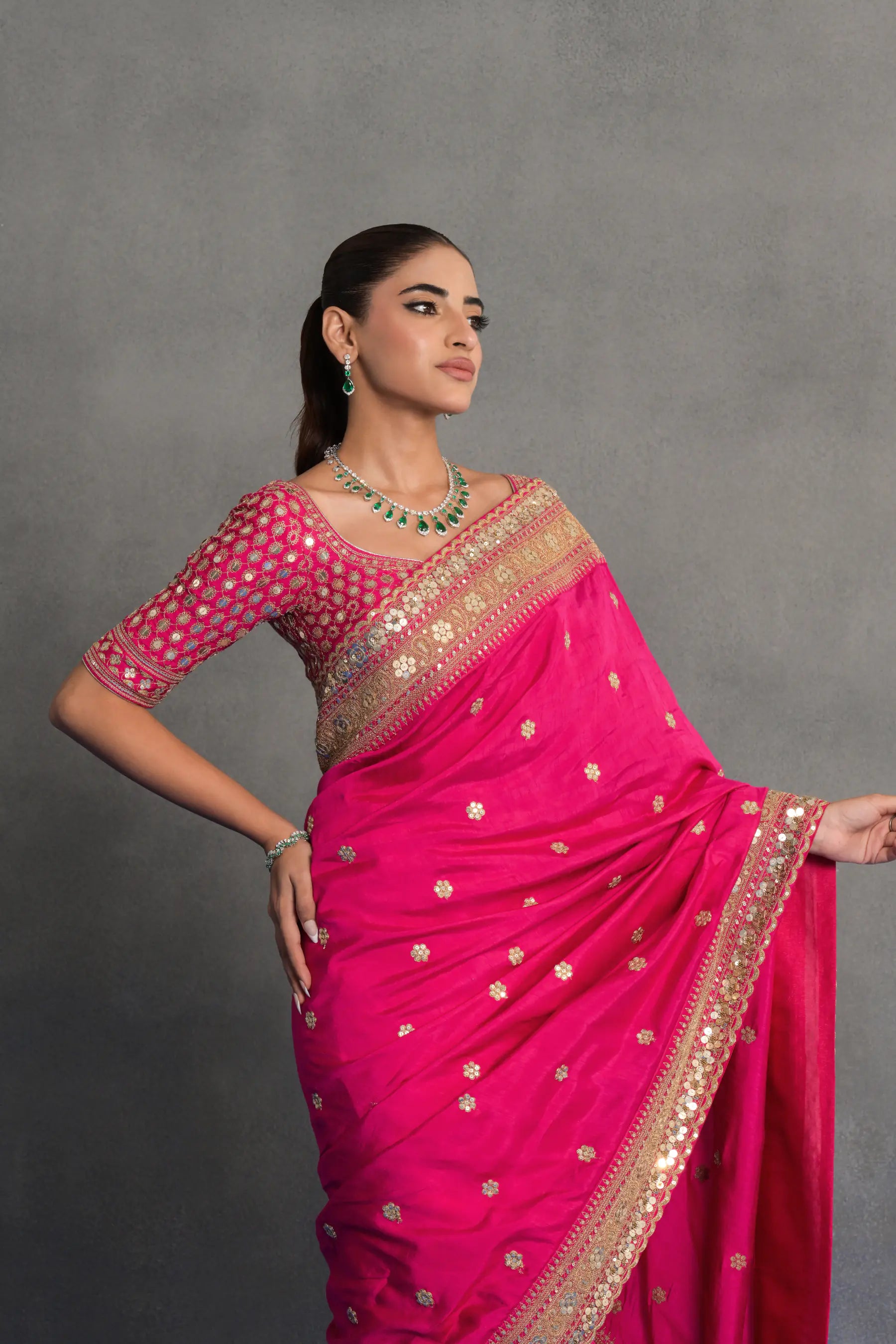 Fuchsia Pink Embroidered Saree