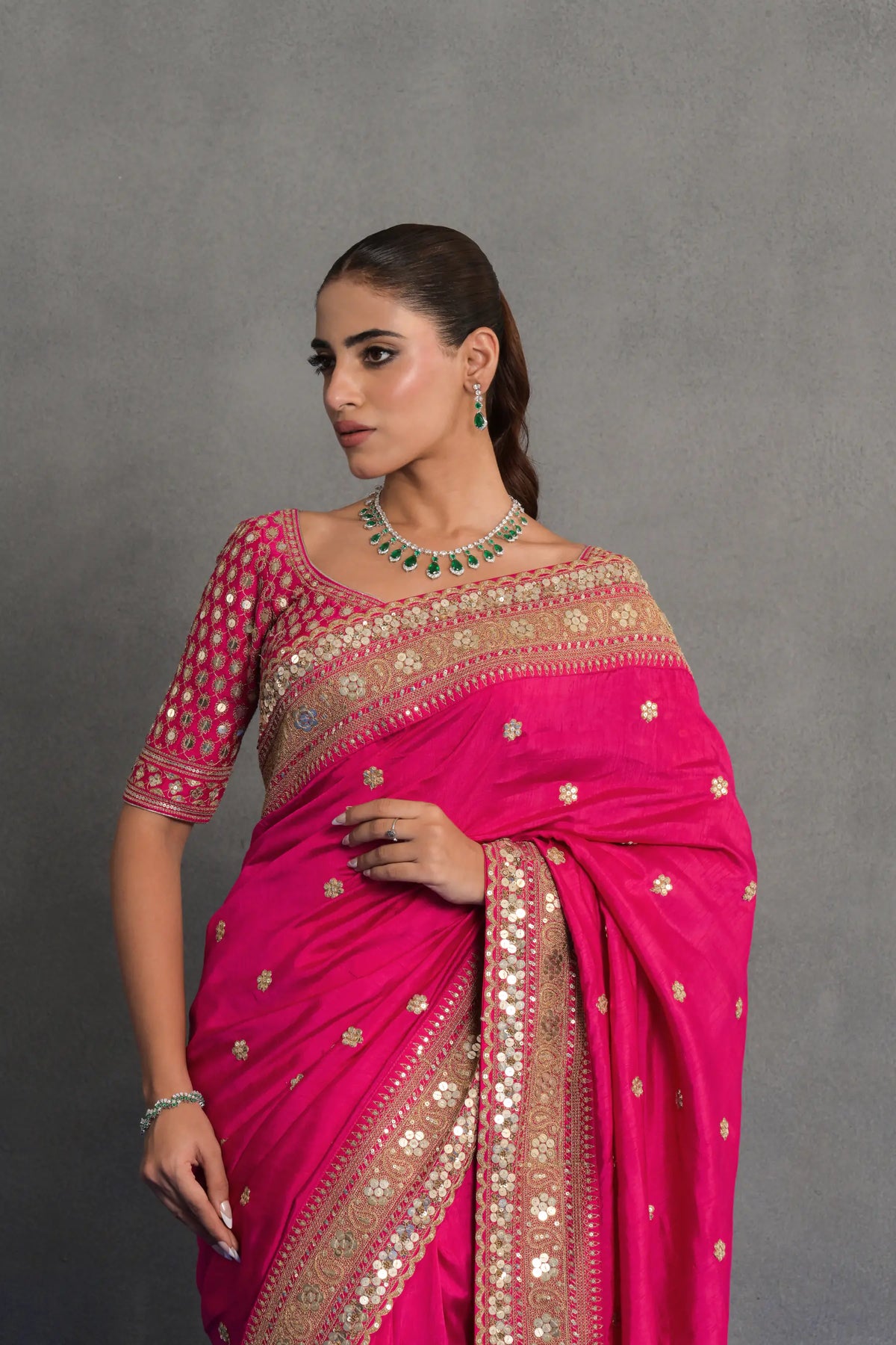 Fuchsia Pink Embroidered Saree