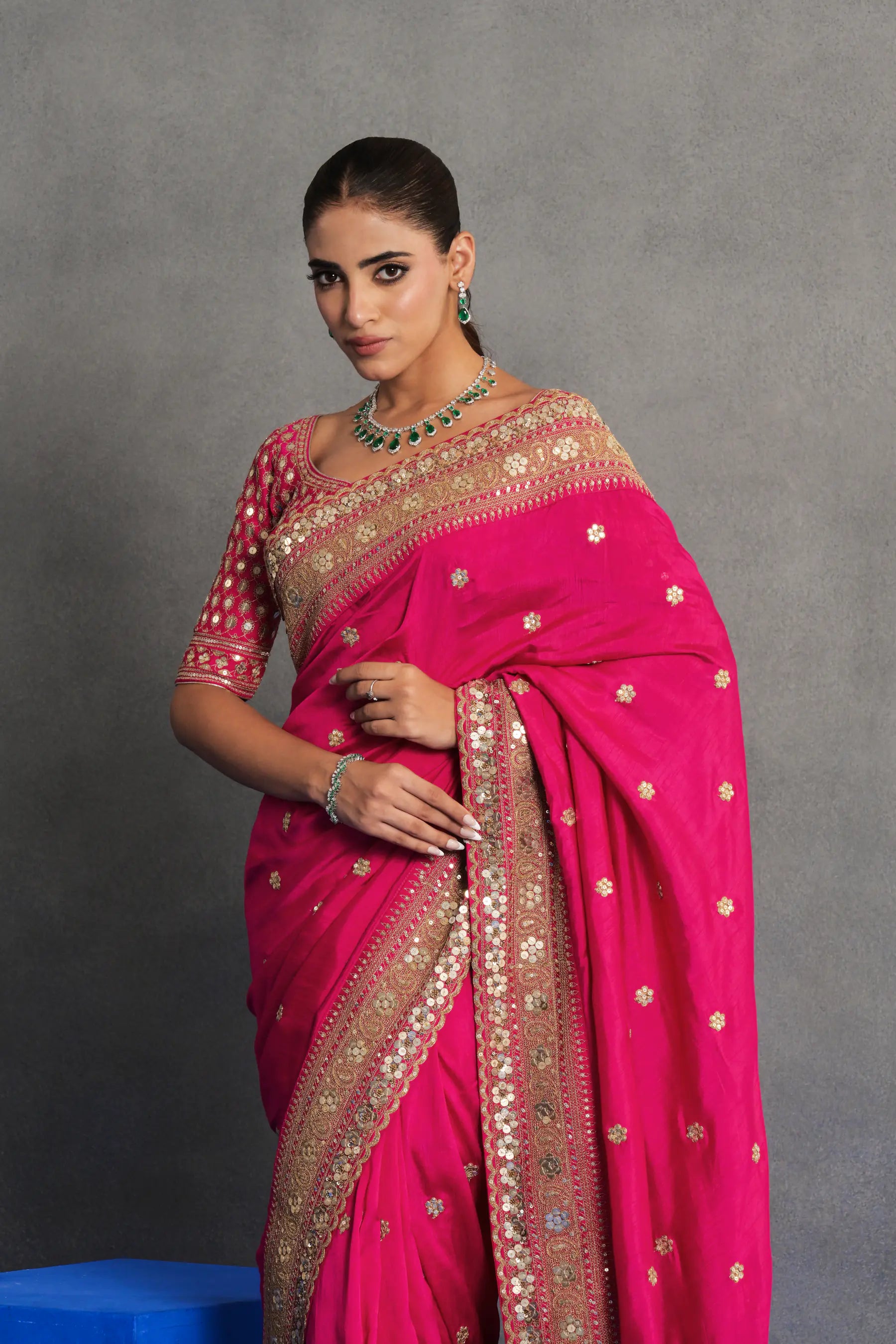 Fuchsia Pink Embroidered Saree