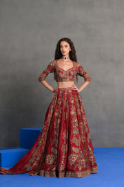 Deep Red Embroidered Bridal Lehenga Set
