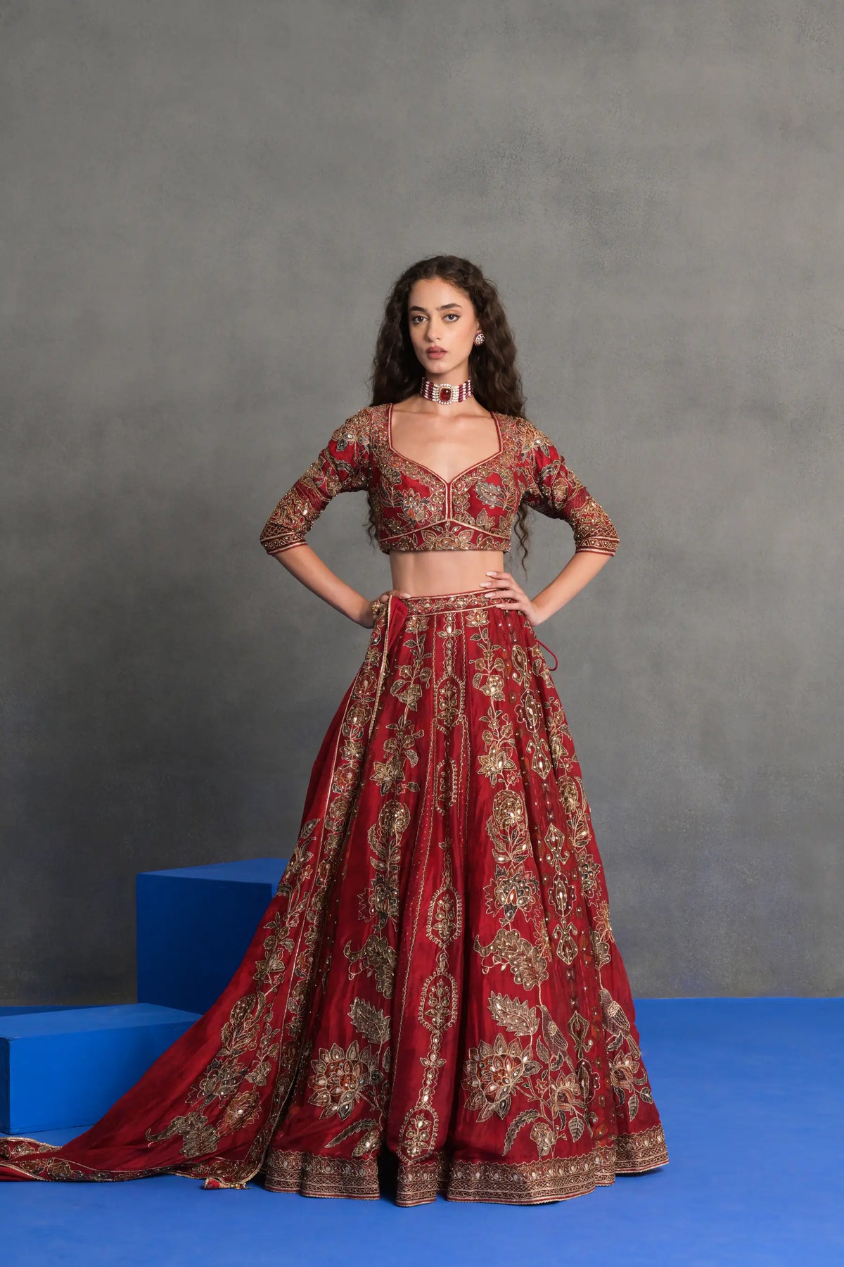 Deep Red Embroidered Bridal Lehenga Set
