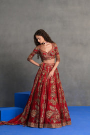 Deep Red Embroidered Bridal Lehenga Set