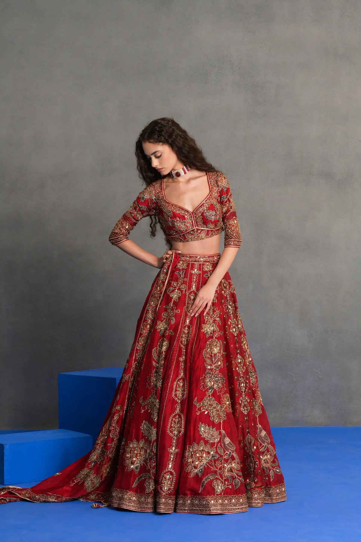 Deep Red Embroidered Bridal Lehenga Set