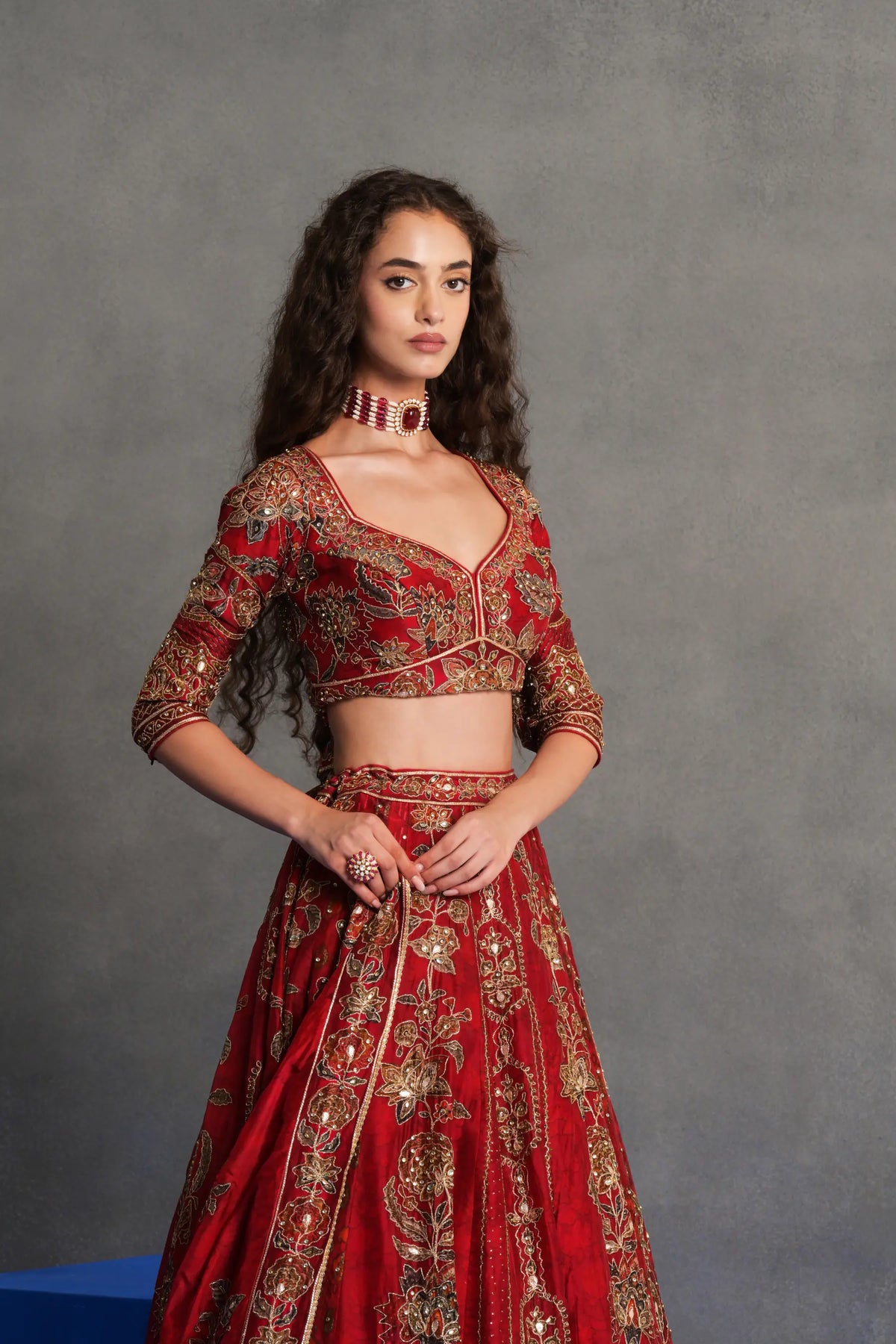 Deep Red Embroidered Bridal Lehenga Set