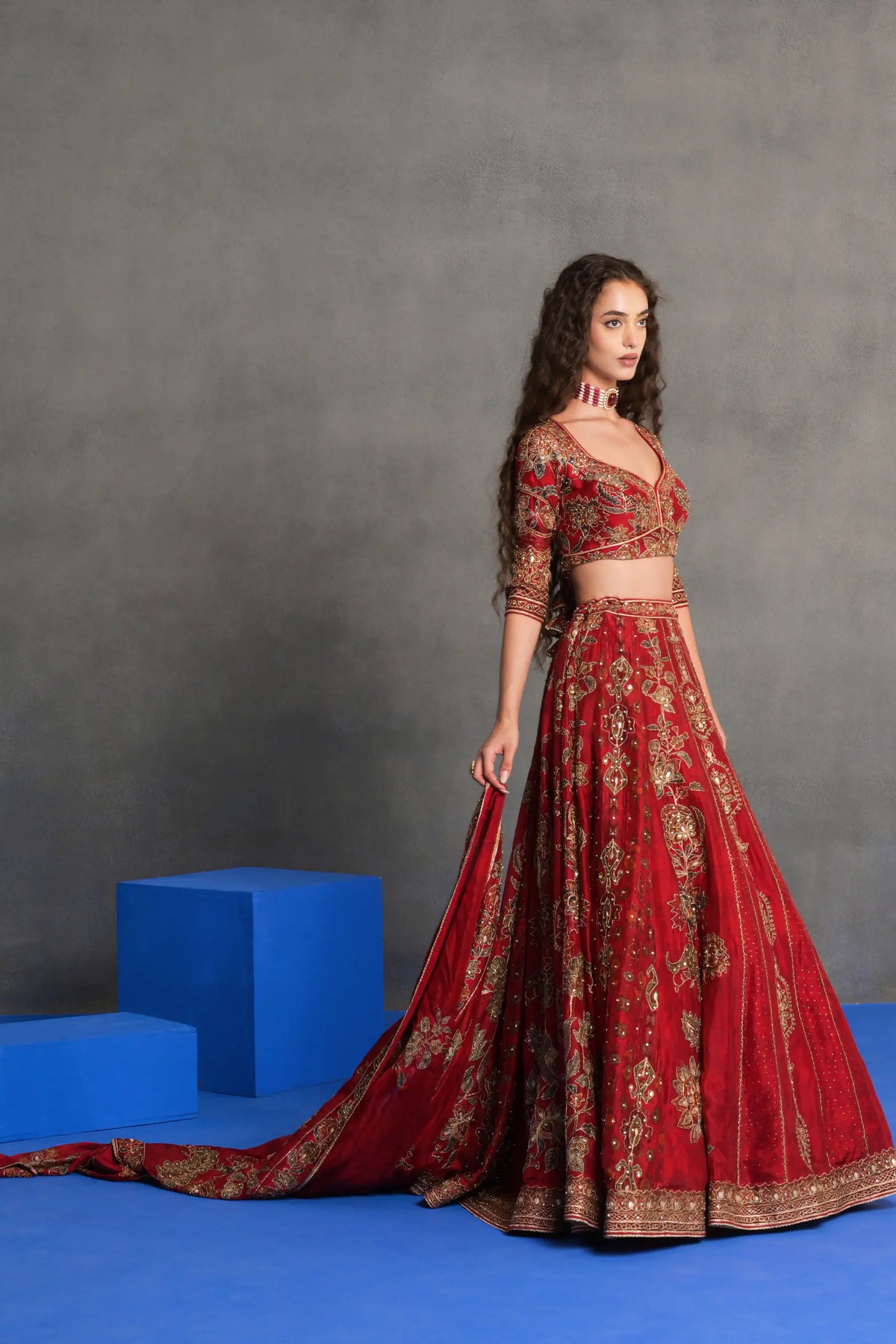 Deep Red Embroidered Bridal Lehenga Set