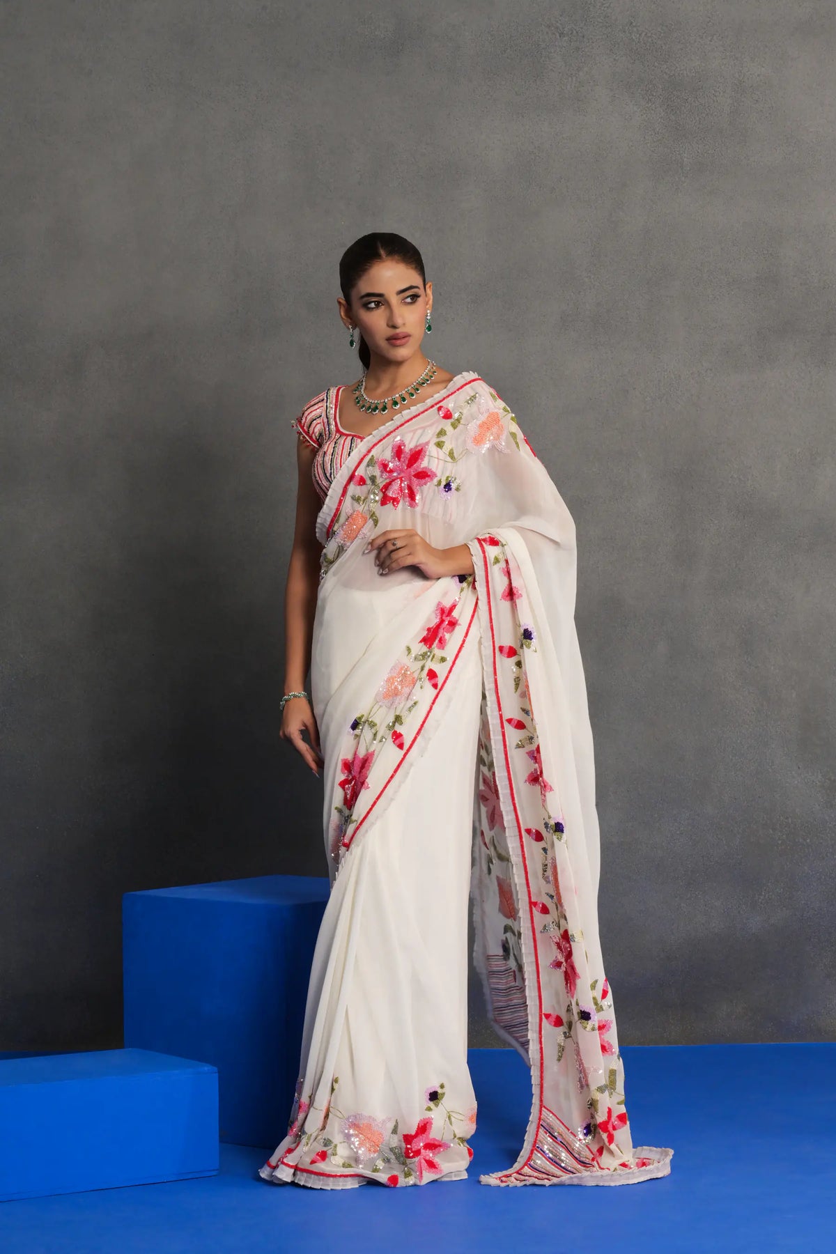 Ivory Floral Embroidered Saree