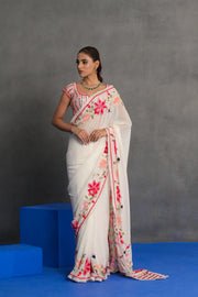 Ivory Floral Embroidered Saree