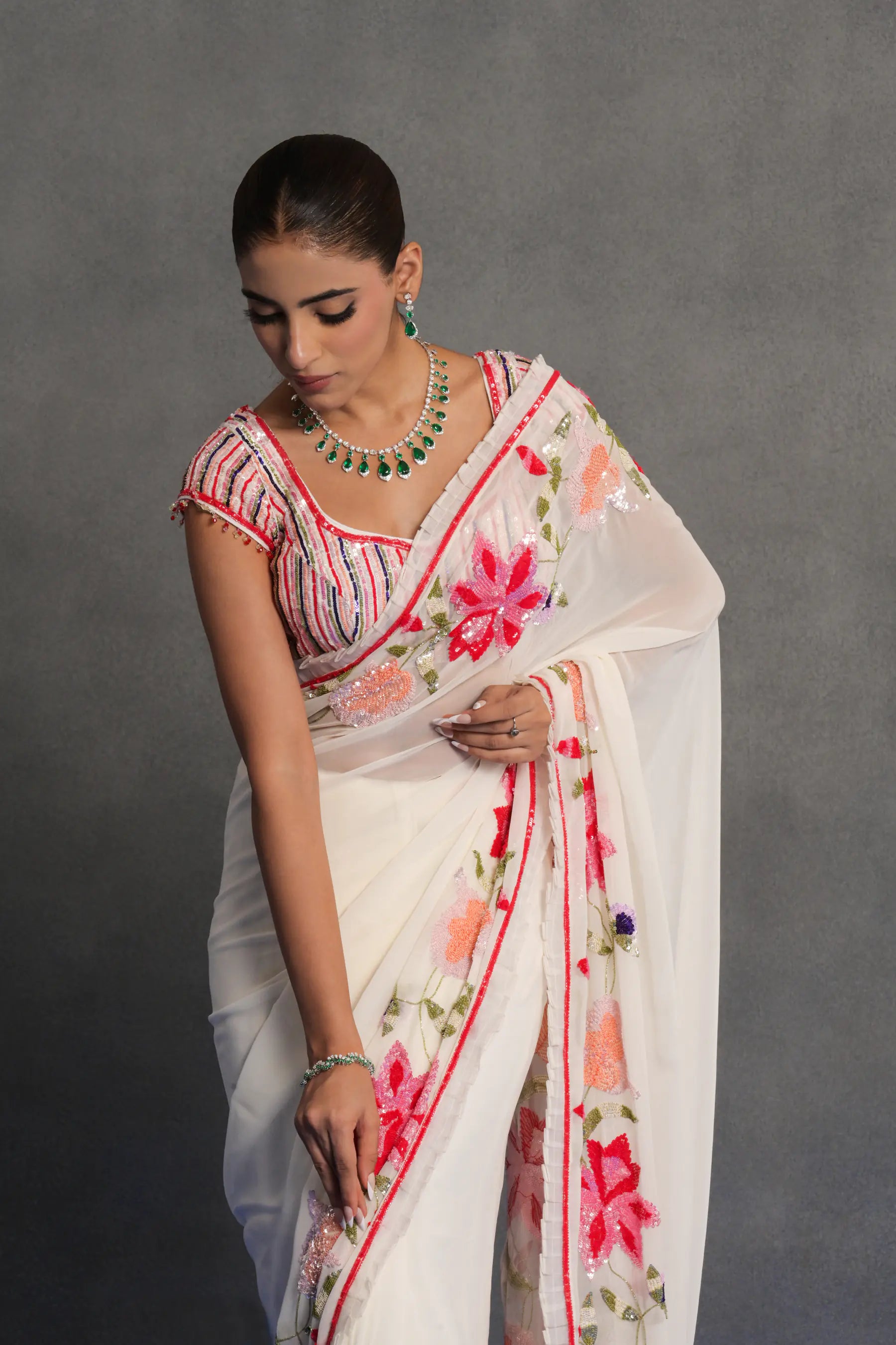 Ivory Floral Embroidered Saree