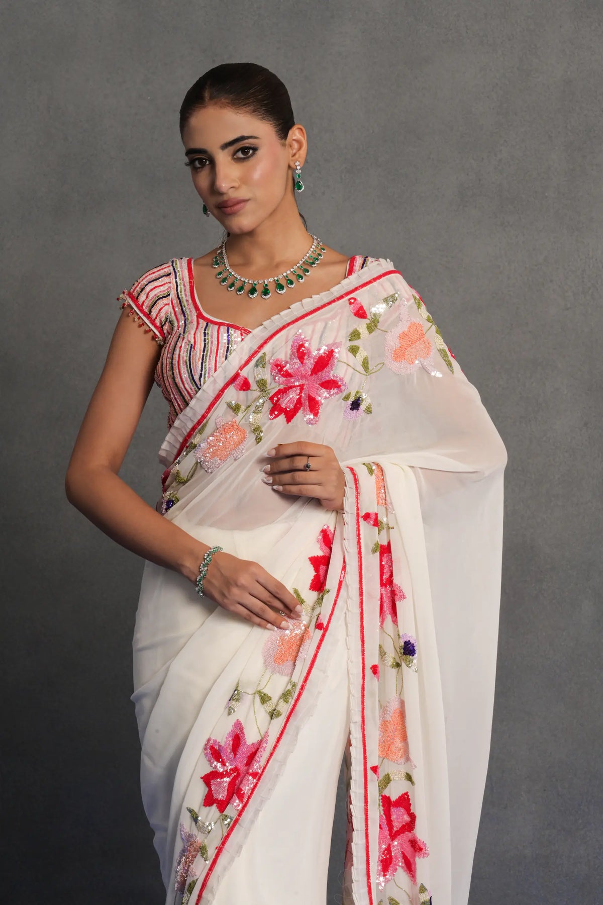 Ivory Floral Embroidered Saree