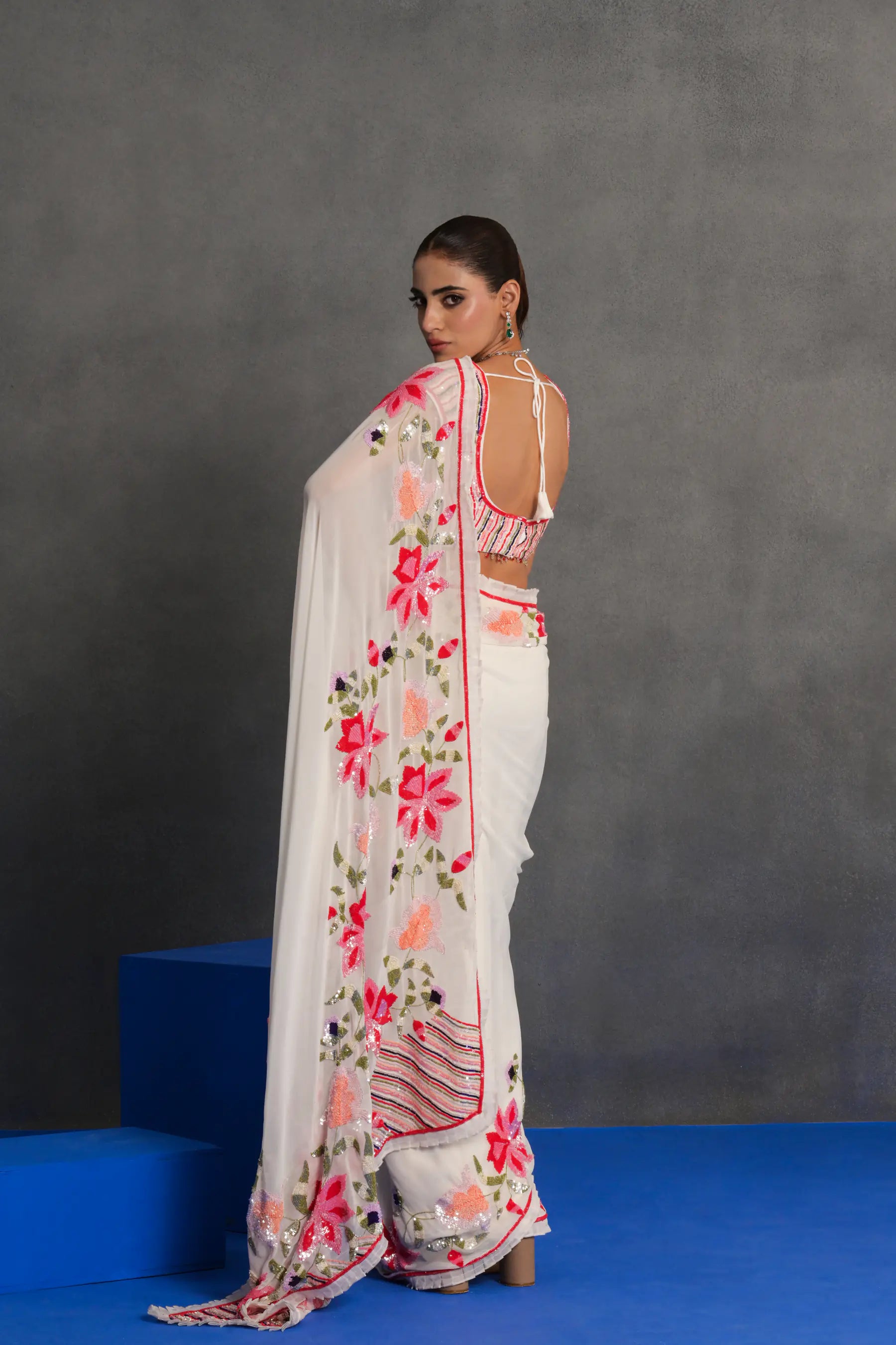Ivory Floral Embroidered Saree