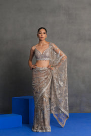 Taupe Silver Embellished Draped Saree Set