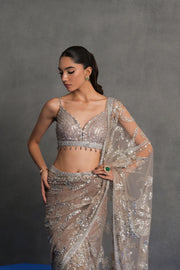 Taupe Silver Embellished Draped Saree Set