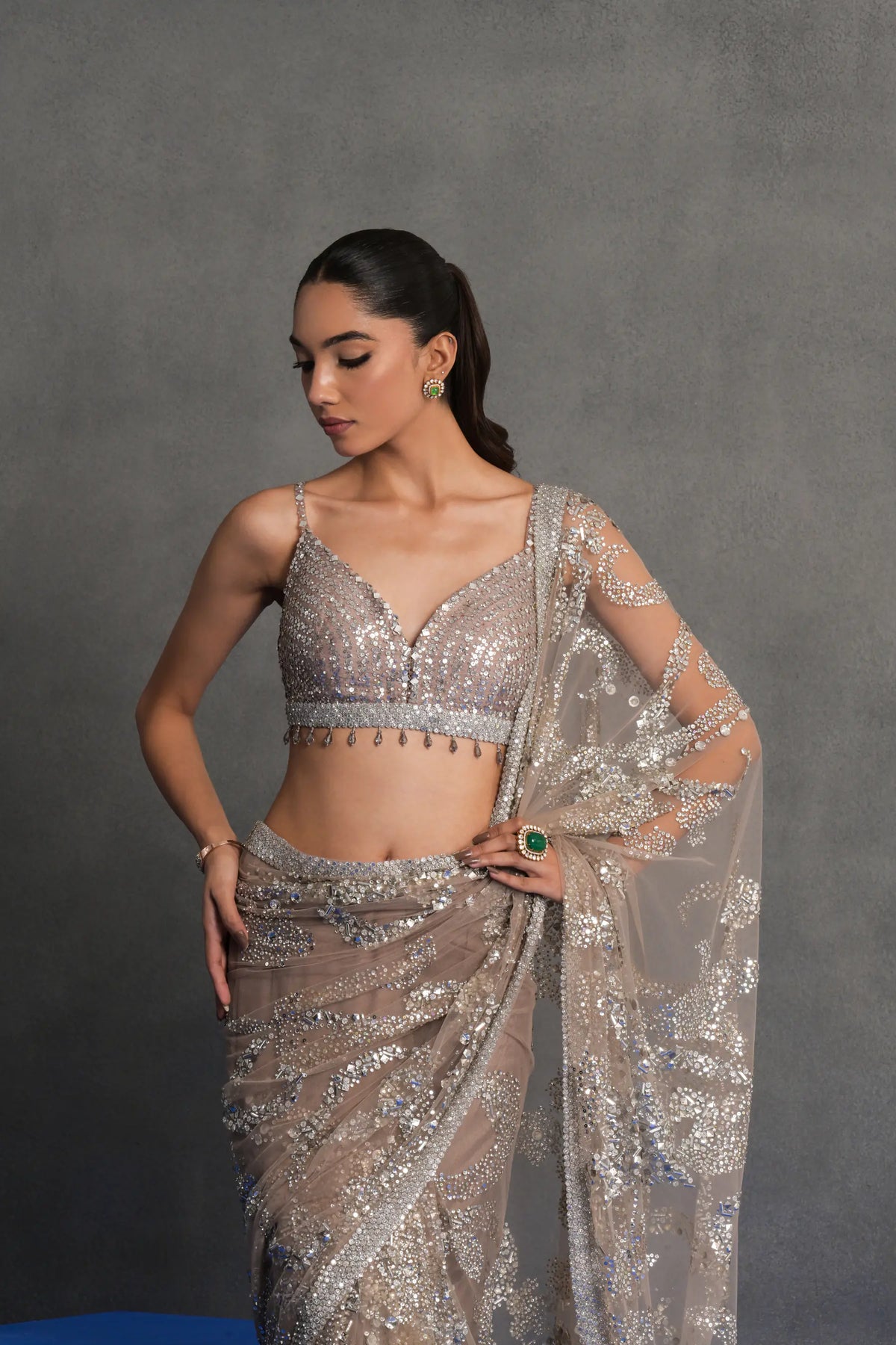 Taupe Silver Embellished Draped Saree Set