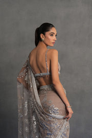 Taupe Silver Embellished Draped Saree Set
