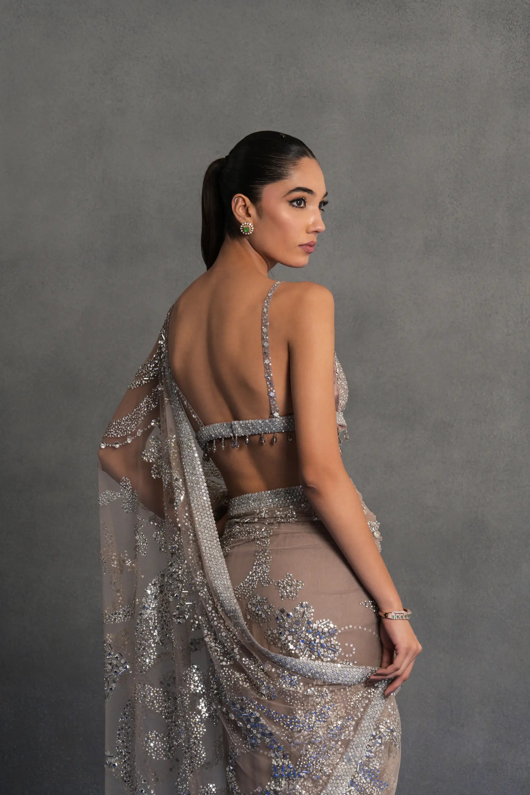 Taupe Silver Embellished Draped Saree Set