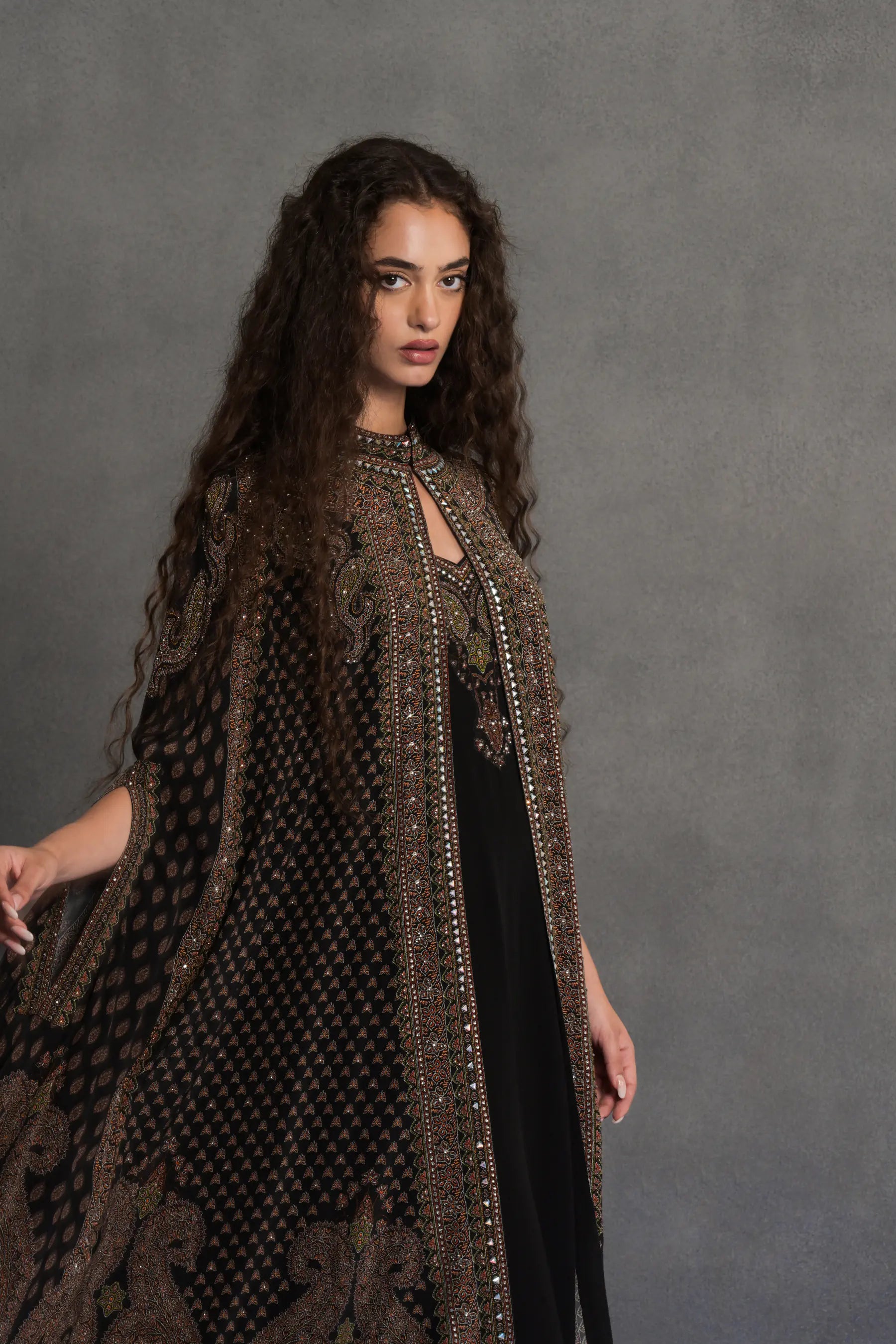 Black and Bronze Embroidered Cape Gown